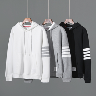 美式重磅四条杠条纹拼接连帽流行卫衣男珠地棉加绒宽松休闲套头衫