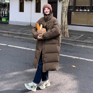休闲卡其色立领长款保暖羽绒服女冬季2025新款轻薄白鸭绒保暖外套图片