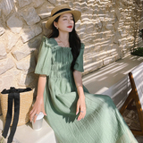 法式方领绿色泡泡袖连衣裙女夏季2025年新款温柔风别致显瘦长裙子，女装连衣裙，浙宝273