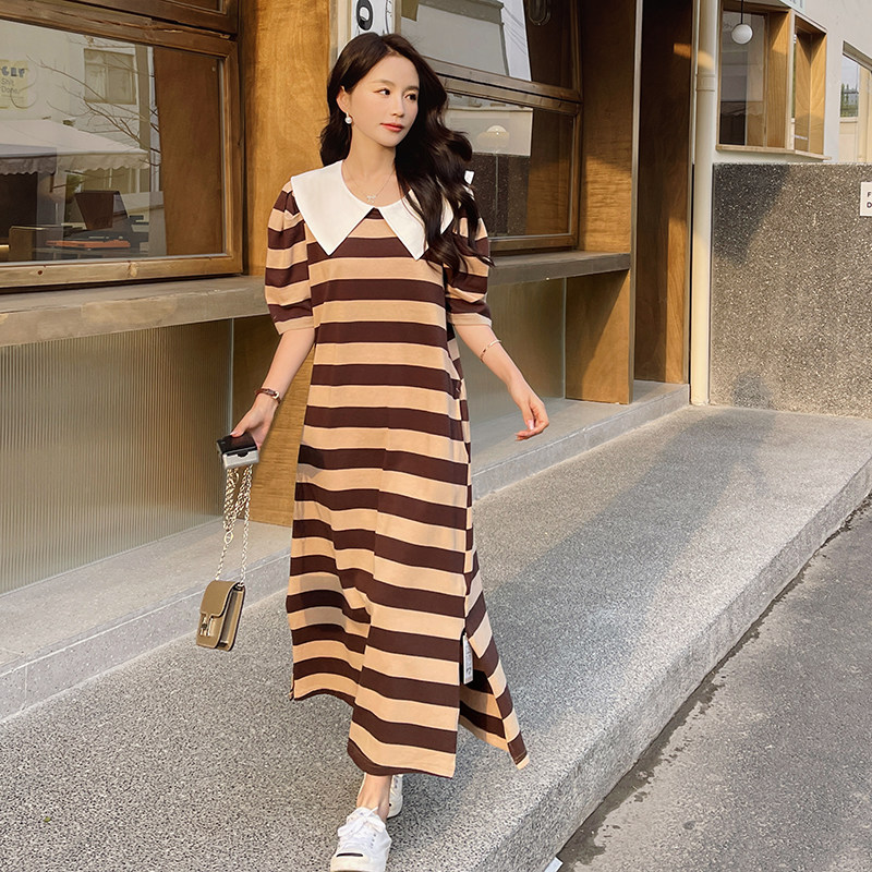 韩版娃娃领条纹连衣裙女夏季2025年新款设计感休闲宽松开叉长裙子,女装连衣裙,浙宝273