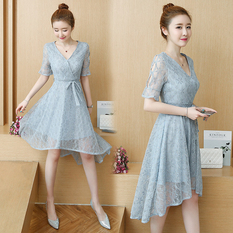 连衣裙2018春夏新款女装韩版气质名媛不规则前短后长中长款蕾丝裙