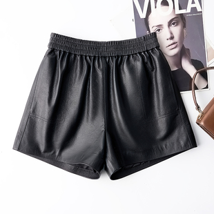 新款真皮短裤宽松款松紧高腰显瘦百搭牛皮阔腿皮短裤女外穿靴裤