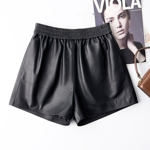 新款真皮短裤女宽松显瘦牛皮阔腿