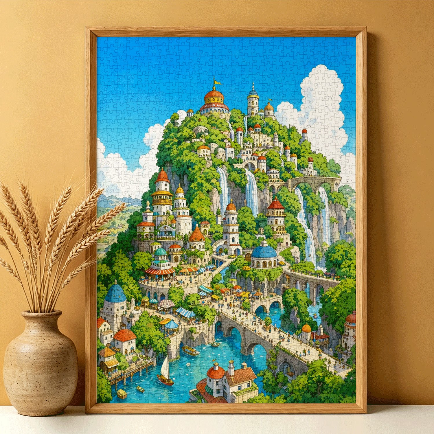 大型1000片蓝卡拼图带相框高难度成人减压装饰画童话山城瀑布镇