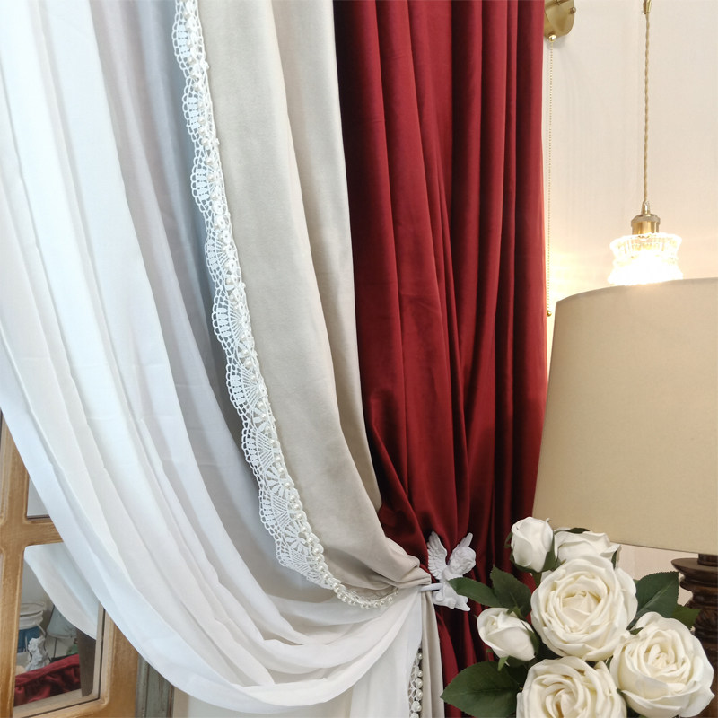 复古美式风暗红民国风红色舞台丝绒法式拼接蕾丝喜庆婚房成品窗帘