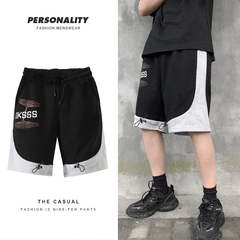 Hong Kong style color matching sports shorts men's fattening plus size trend loose country style