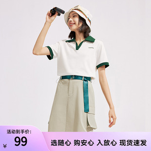 凉感透气潮流小个子上衣 坦博尔女polo衫 V领撞色小衫 2024夏季 新款