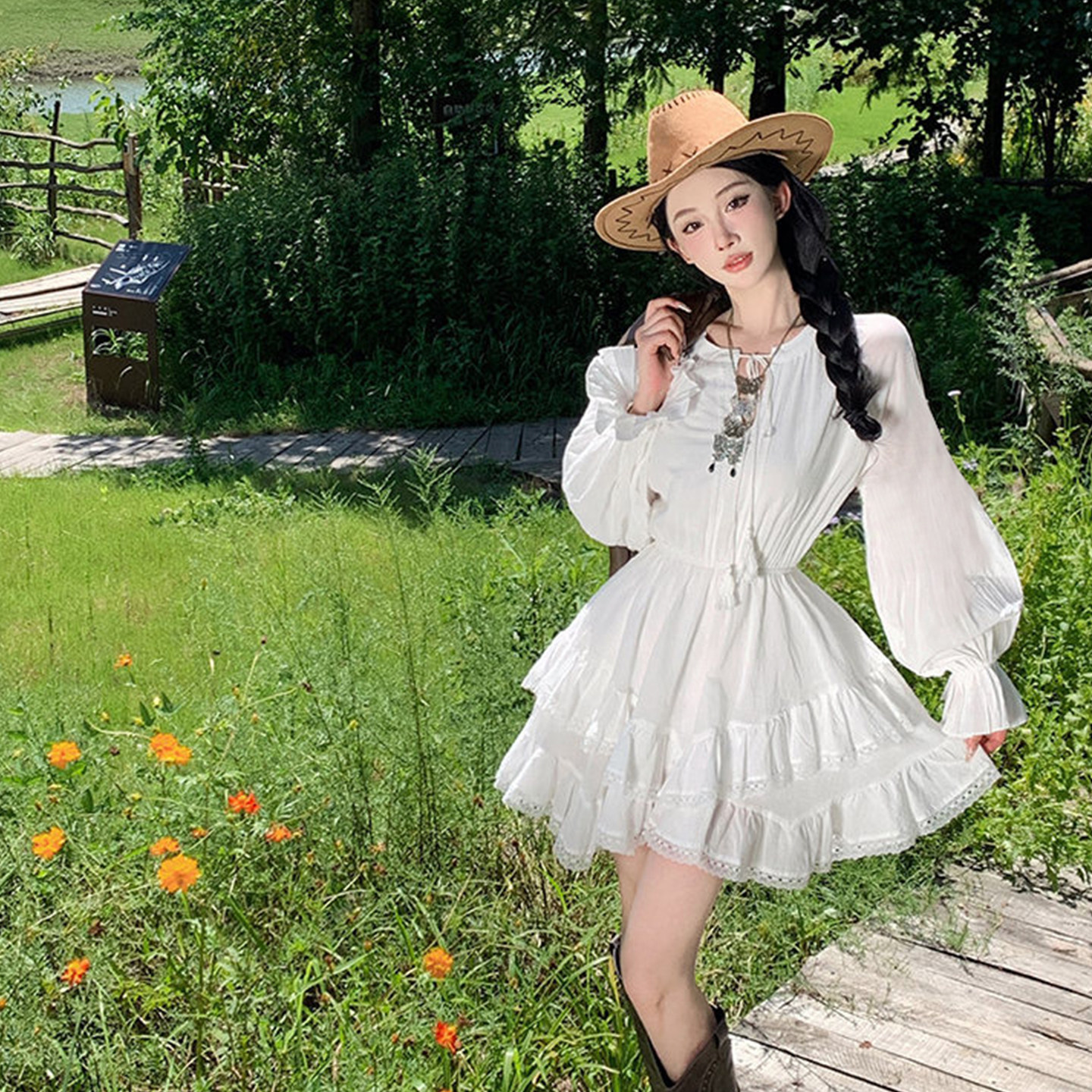 法式长裙蕾丝v领长袖连衣裙女高连衣裙