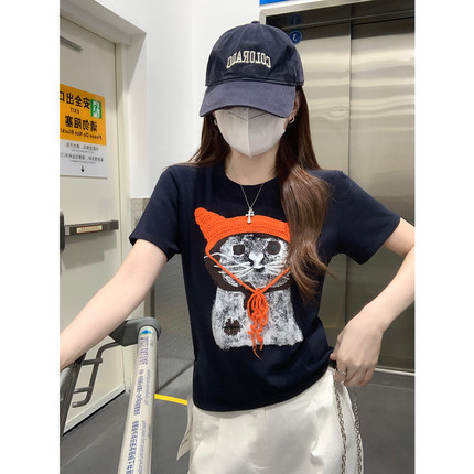 纯棉正肩短袖t恤上衣女夏2026新款圆领小个子显瘦卡通磅重工刺绣
