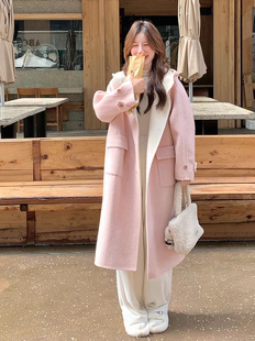 粉色连帽双面呢外套女长款2025冬季新款宽松甜美高级感羊毛大衣