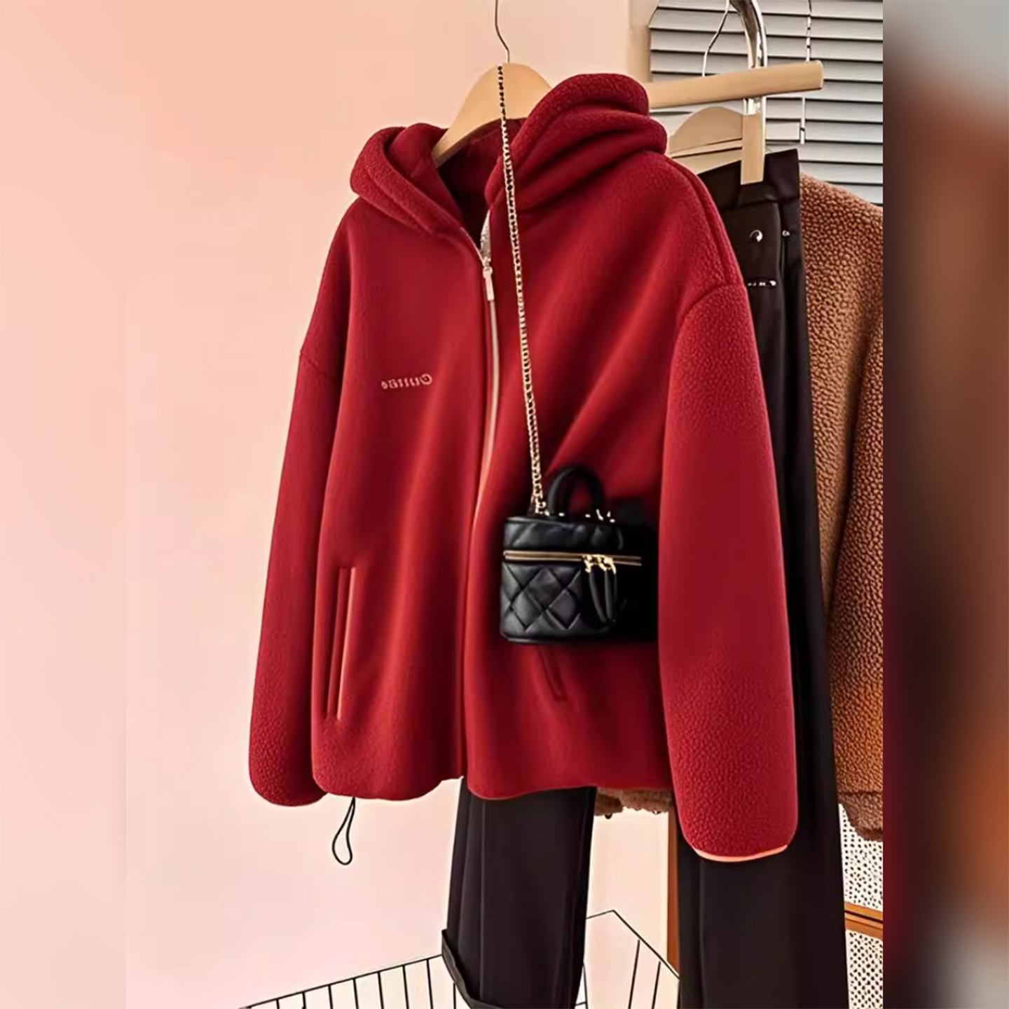 秋冬本命年双面摇粒绒开衫卫衣女