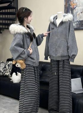 胖mm300斤大码慵懒风灰色毛领连帽外套女秋冬宽松加绒加厚上衣ins