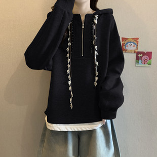 300斤特大码 设计感半拉链连帽卫衣女秋冬胖mm宽松假两件上衣外套