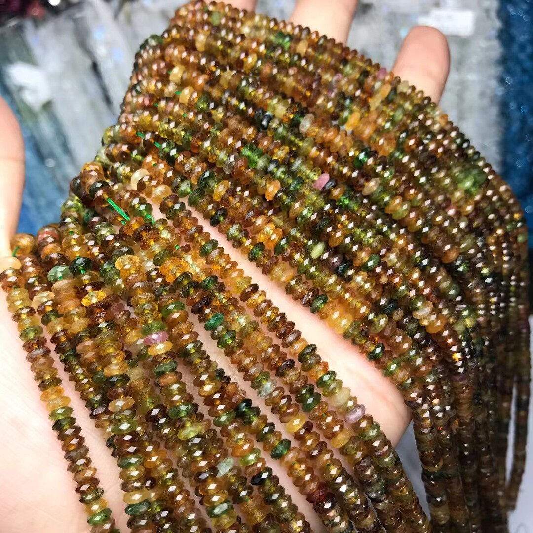 2*4.8MM天然水晶 透体黄绿碧玺盘珠刻面散珠半成品手链项链配件