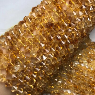 8*8MM天然水晶 暴利黄水晶切角飞碟尖珠散珠半成品手链项链配件