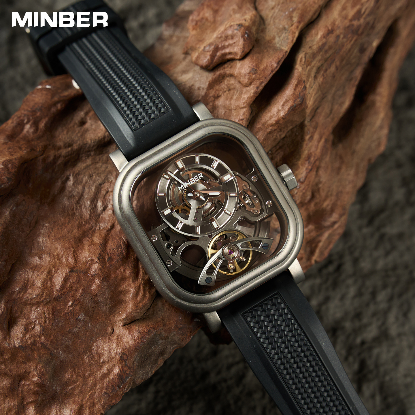 MINBER方形镂空透底机械男表