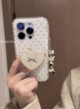 ins纯欲波点爱心支架猫咪挂链适用苹果14Promax手机壳17女16pro苹果17promax韩15\13