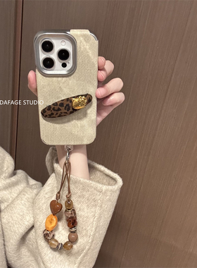 ins做旧牛仔豹纹猫咪支架链条适用苹果14Promax手机壳17女16pro苹果17promax韩15\13