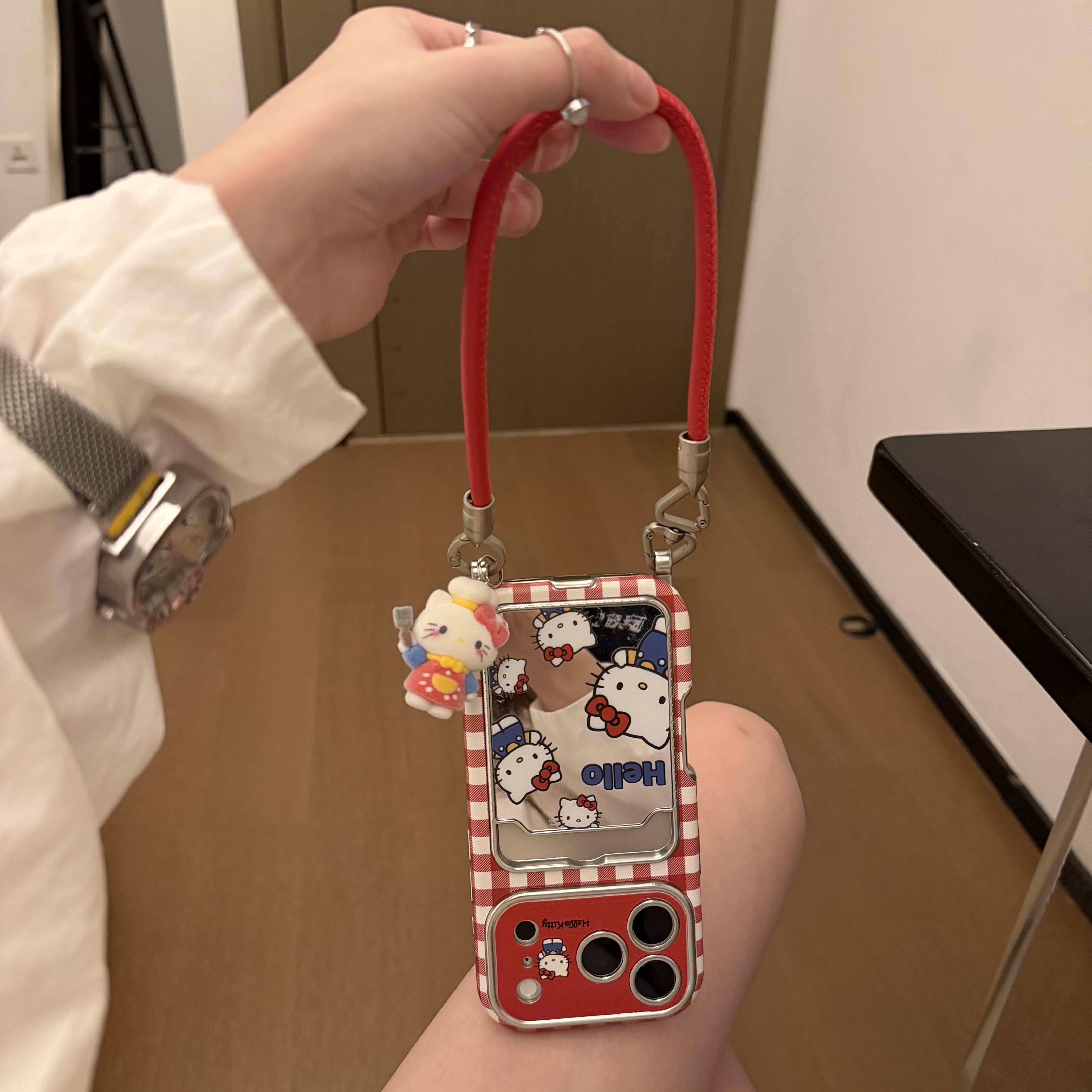韩系ins复古红格纹镜面卡包猫咪手提适用苹果15Promax手机壳16女16pro苹果17promax韩15苹果17Pro