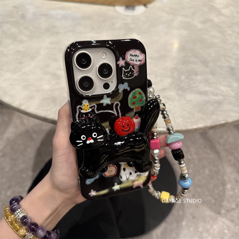 ins可爱卡通黑喵支架挂链适用苹果14Promax手机壳16女13pro苹果15promax韩17pro
