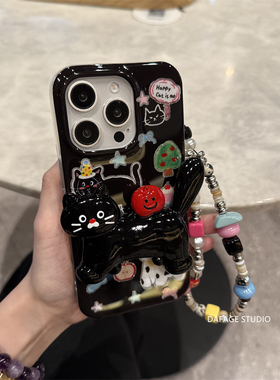 ins可爱卡通黑喵支架挂链适用苹果14Promax手机壳16女13pro苹果15promax韩17pro
