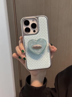 ins韩系蓝色小波点闪粉支架简约英文适用苹果14Promax手机壳17女16pro苹果17promax韩15