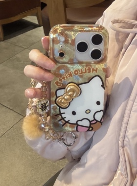 ins韩系可爱奶黄豹纹凯蒂毛绒水晶手环适用苹果14Promax手机壳16女16pro苹果17promax韩15苹果17