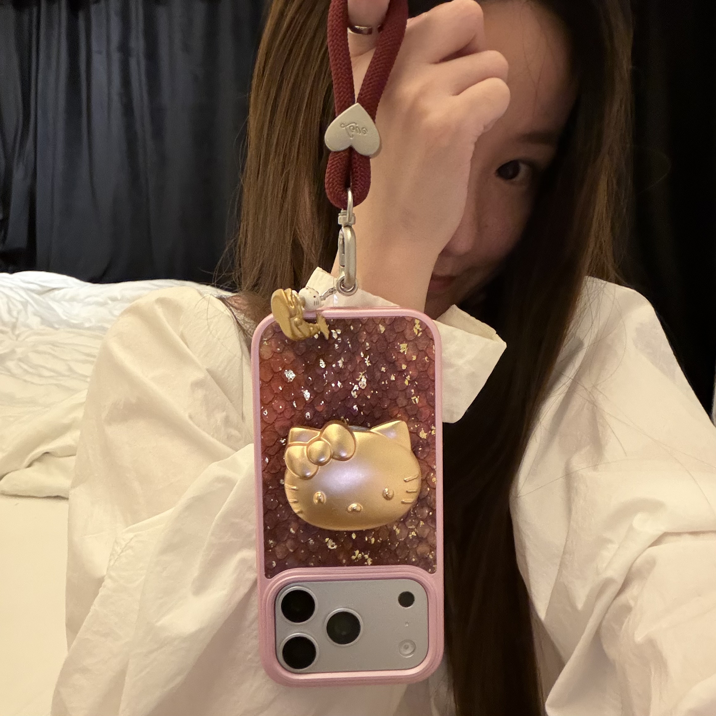 ins深海粉人鱼姬鱼鳞可爱猫咪支架爱心气质短绳适用苹果15Promax手机壳16女16pro苹果17promax韩15苹果17Pro