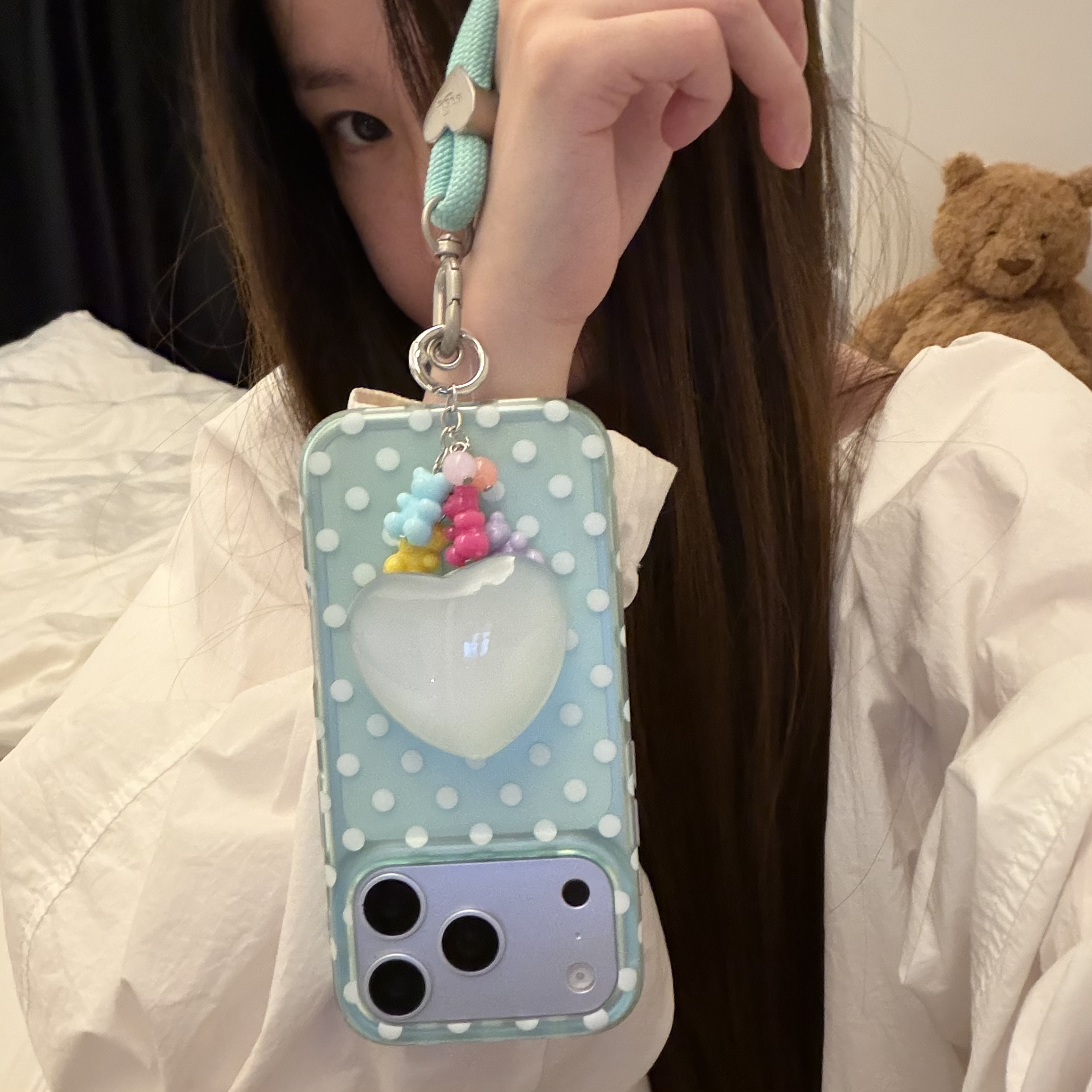 波点绿小熊链条支架适用苹果15Promax手机壳16女16pro苹果17promax韩15苹果17Pro