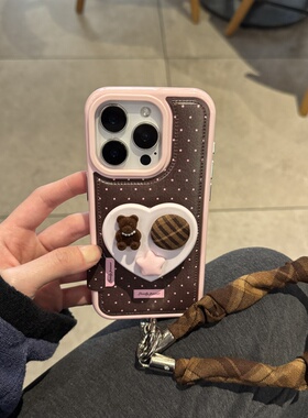 ins撞色韩系粉咖熊支架波点气质手提适用苹果14Promax手机壳16女16pro苹果17promax韩15苹果17