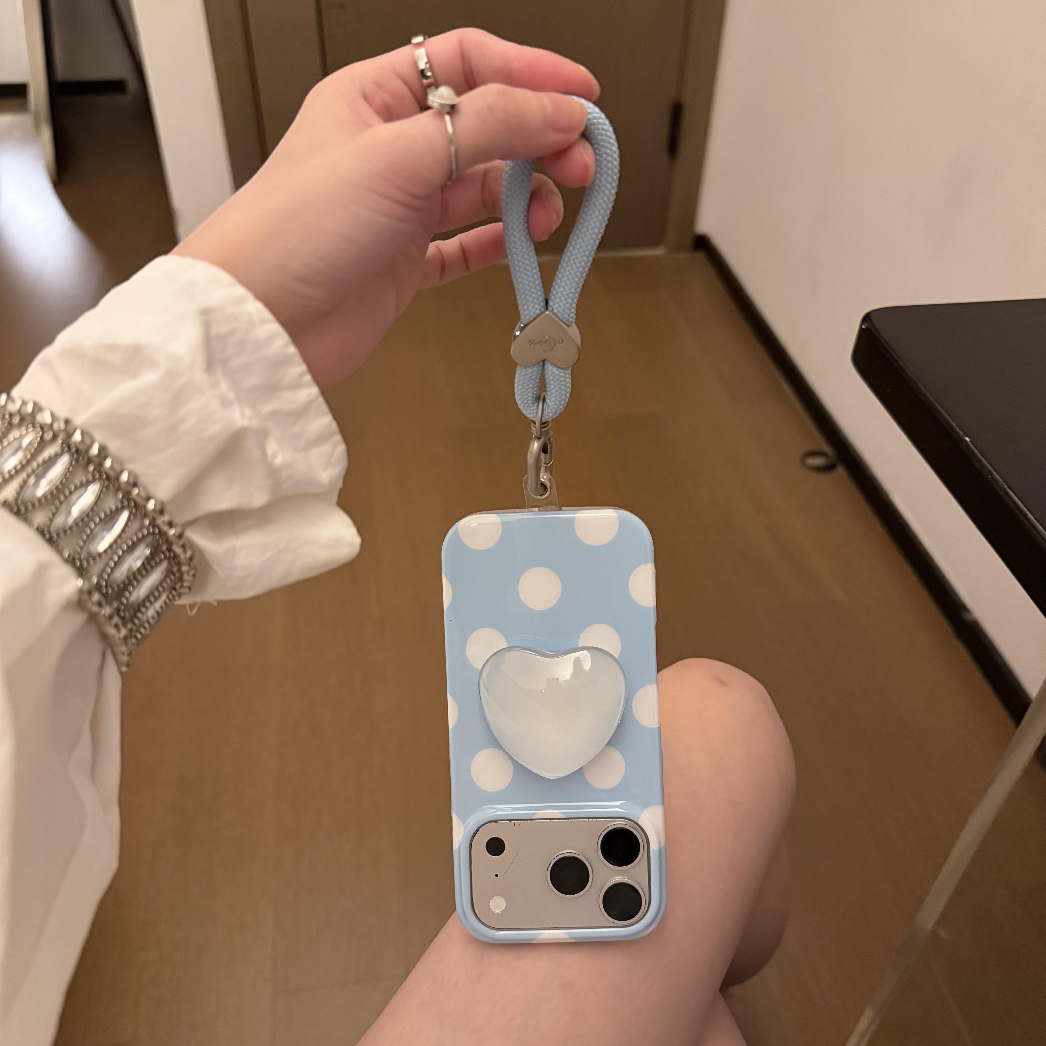 韩系ins原创夏季冰淇淋蓝白波点气质爱心支架适用苹果15Promax手机壳16女16pro苹果17promax韩15苹果17Pro