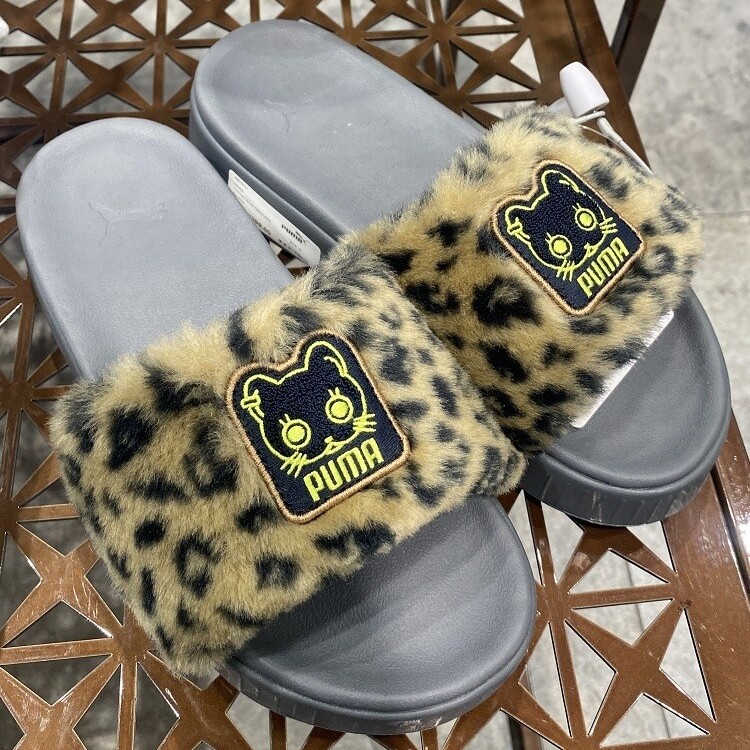 puma彪马karmen slide neko san女子厚底轻便豹纹毛毛拖鞋399427