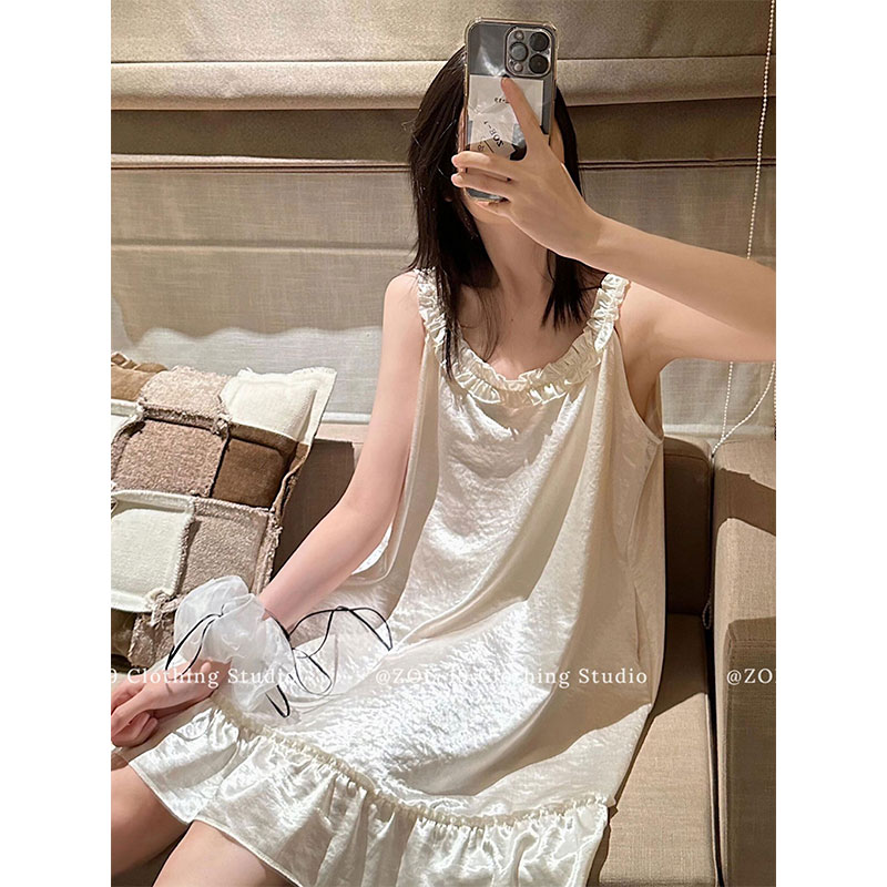 短款睡裙新款女夏季爆款防醋酸缎珍珠白修身家居服外穿缎面衣裙女