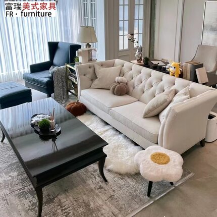 美式轻奢art三人布艺沙发现代简约谢尔顿拉扣客厅双人组合定制