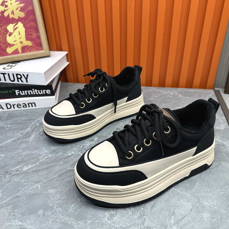 工厂断码处理真皮女鞋圆头深口系带松糕厚底加绒保暖休闲板鞋棉鞋