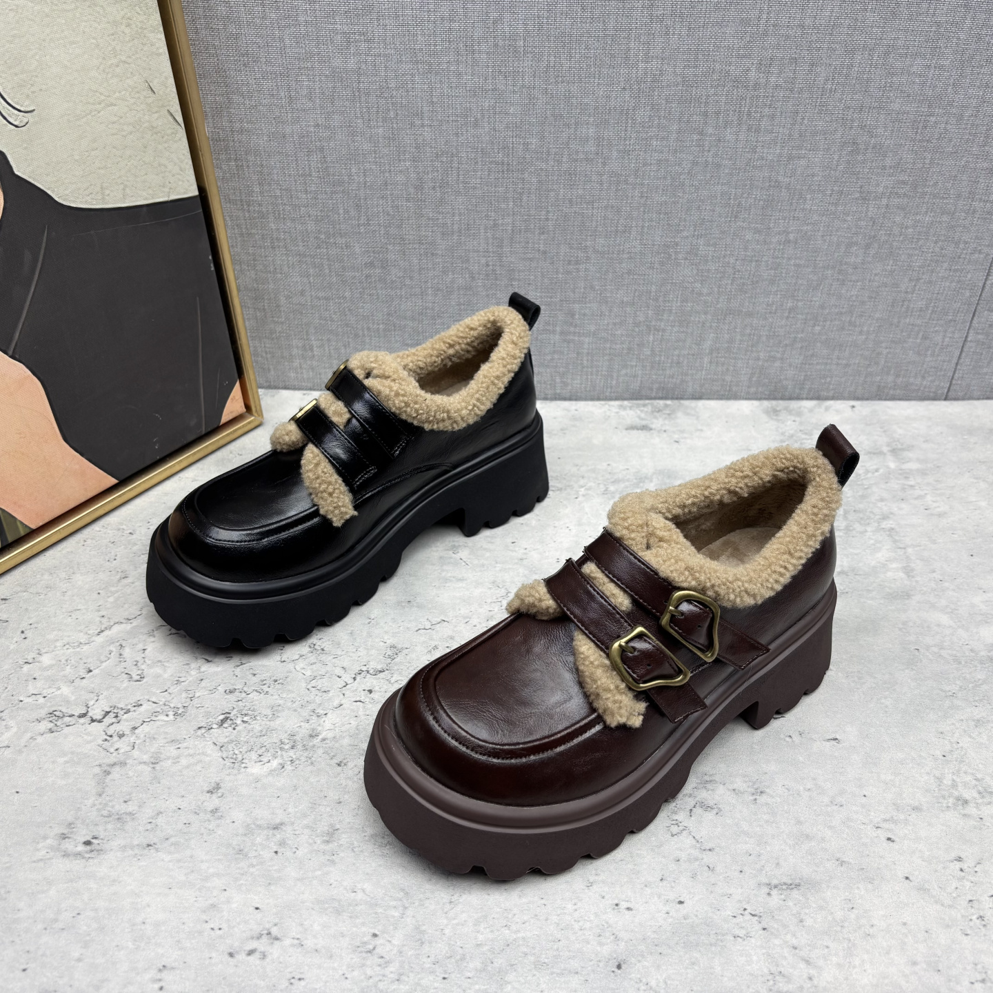 2025冬季新款真皮加绒乐福鞋女厚底双扣勃肯棉鞋英伦风复古小皮鞋
