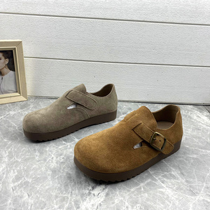 工厂处理2024秋季新款牛皮平跟厚底勃肯鞋一脚蹬舒适休闲女士单鞋