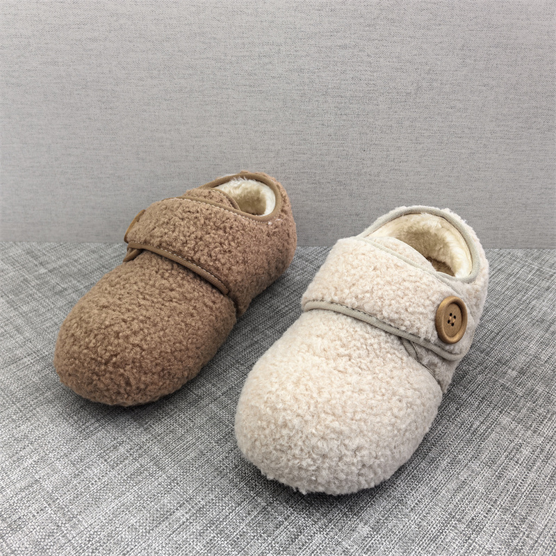 2025冬季新款韩版毛毛鞋圆头深口魔术贴平底防滑豆豆鞋加绒女棉鞋