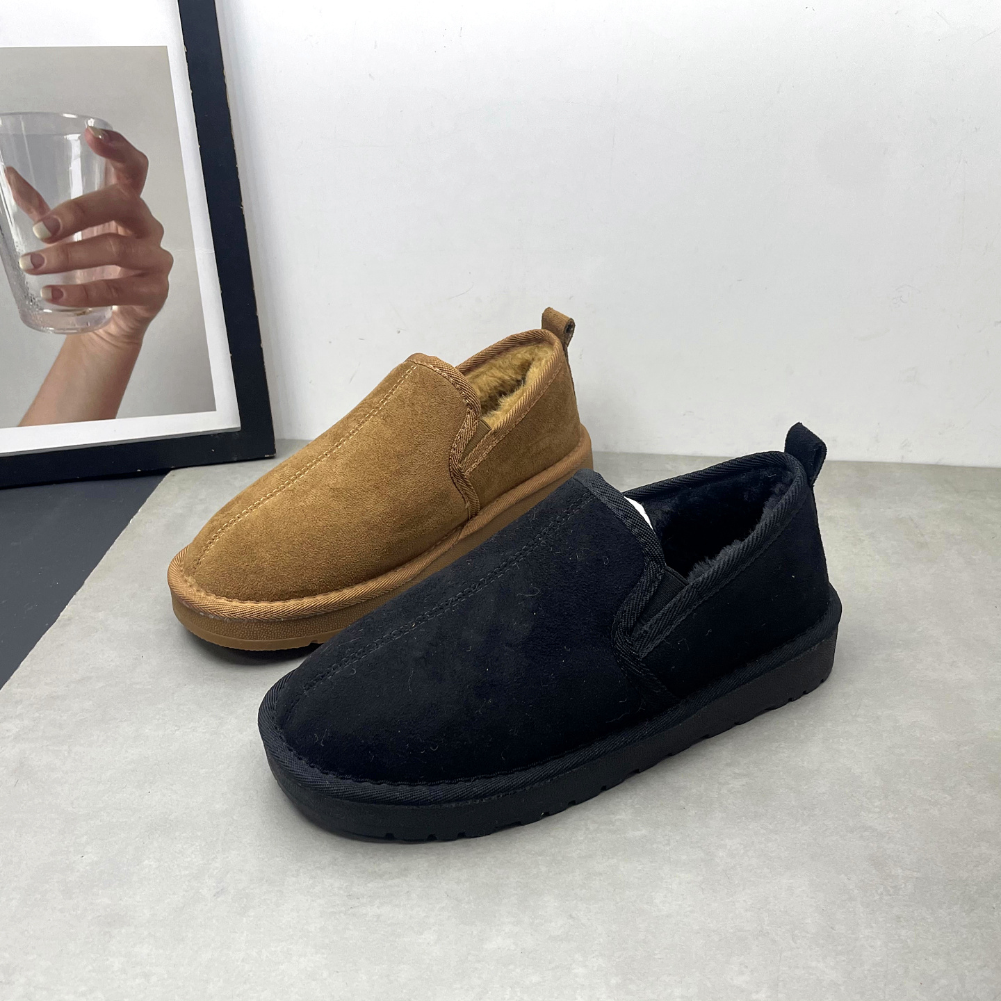 工厂断码男鞋2025冬季新款一脚蹬平底防滑舒适加绒乐福鞋男士棉鞋