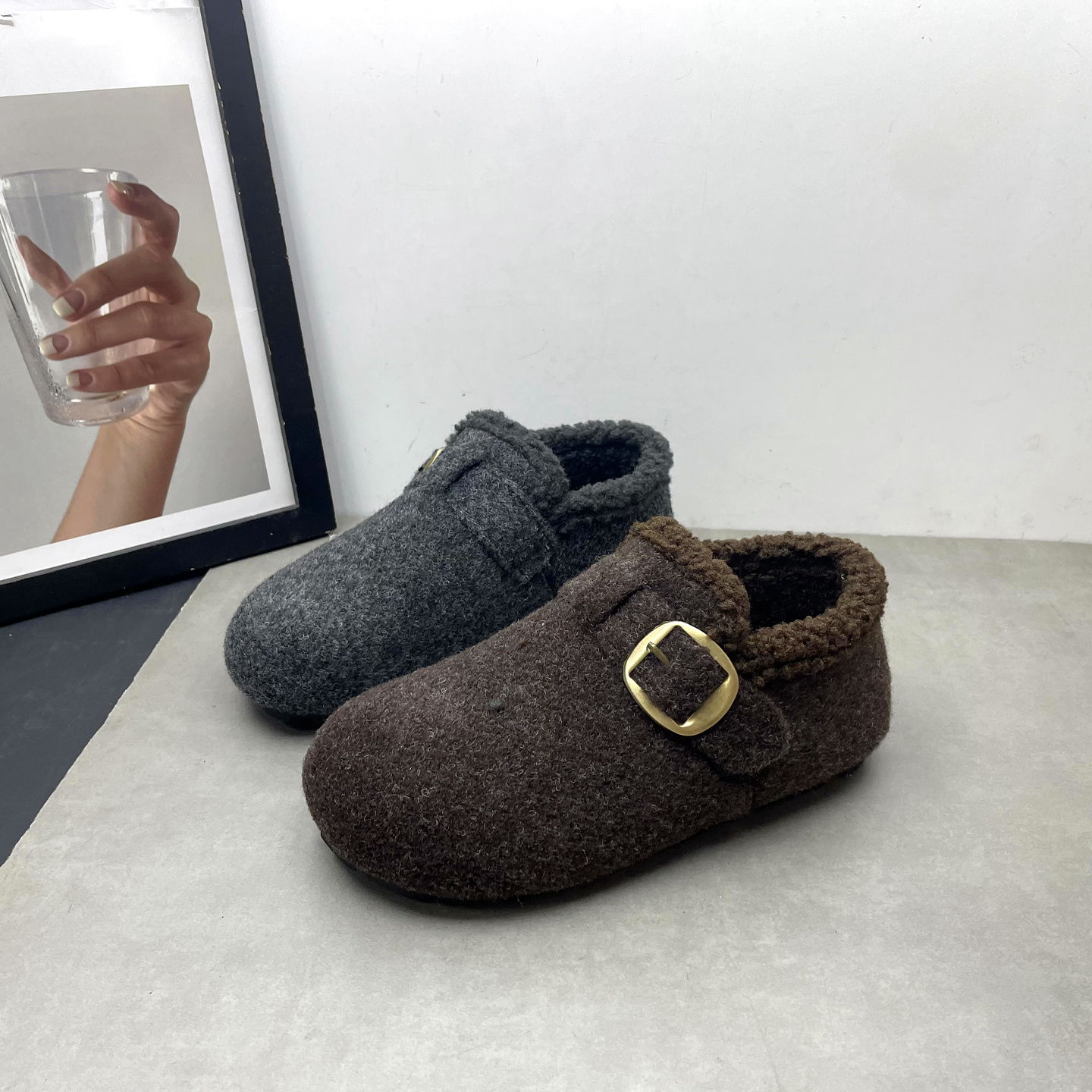 2025冬季新款女鞋圆头深口英伦风复古勃肯鞋加绒保暖平跟女士棉鞋