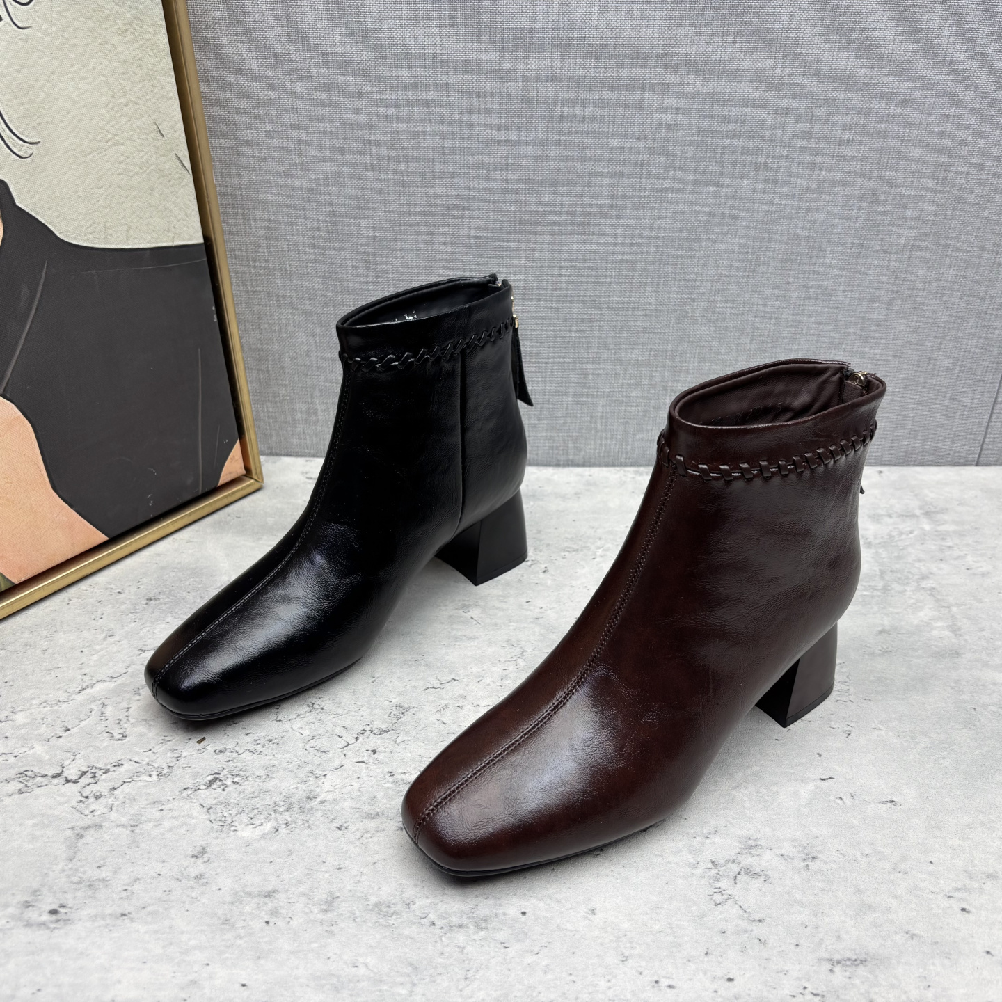 工厂处理真皮女鞋2025冬季新款方头粗跟后拉链编织装饰加绒女短靴