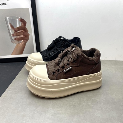 2025冬季新款圆头深口松糕厚底加绒保暖系带休闲女棉鞋子