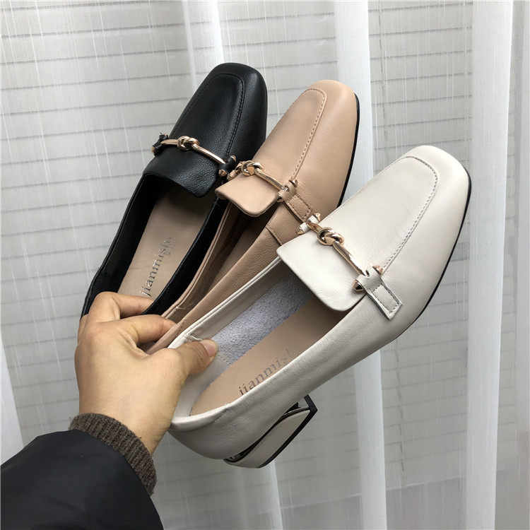 春季新款真皮女鞋方头英伦风复古牛皮套脚低跟女单鞋子休闲皮鞋潮