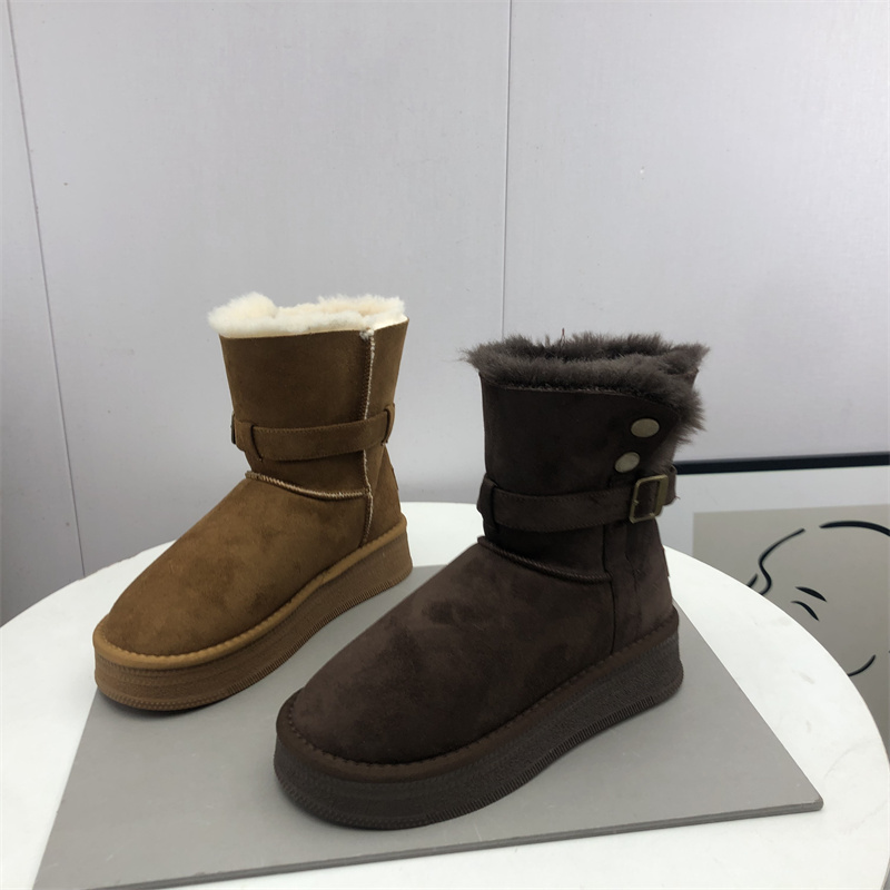 2025冬季新款女鞋圆头松糕厚底保暖复古雪地靴中筒女棉靴子