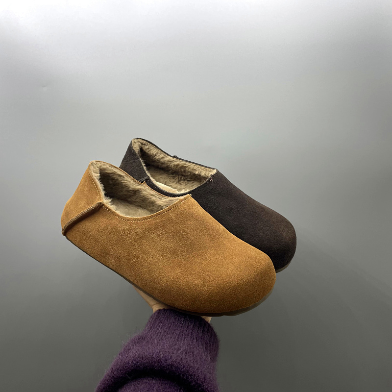 工厂处理2024冬季新款真皮圆头加绒保暖平底防滑勃肯鞋女棉鞋子