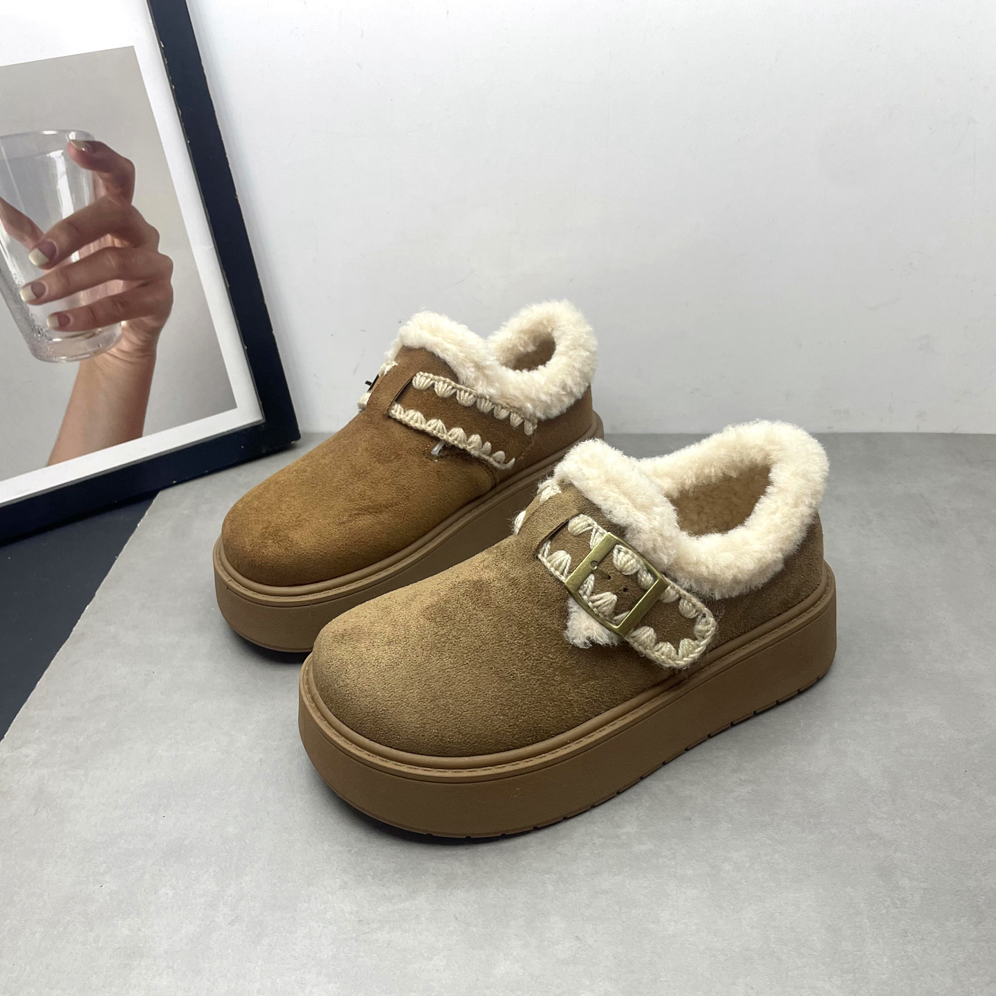 2025冬季新款加绒勃肯鞋女保暖雪地靴魔术贴厚底增高女士毛口棉鞋