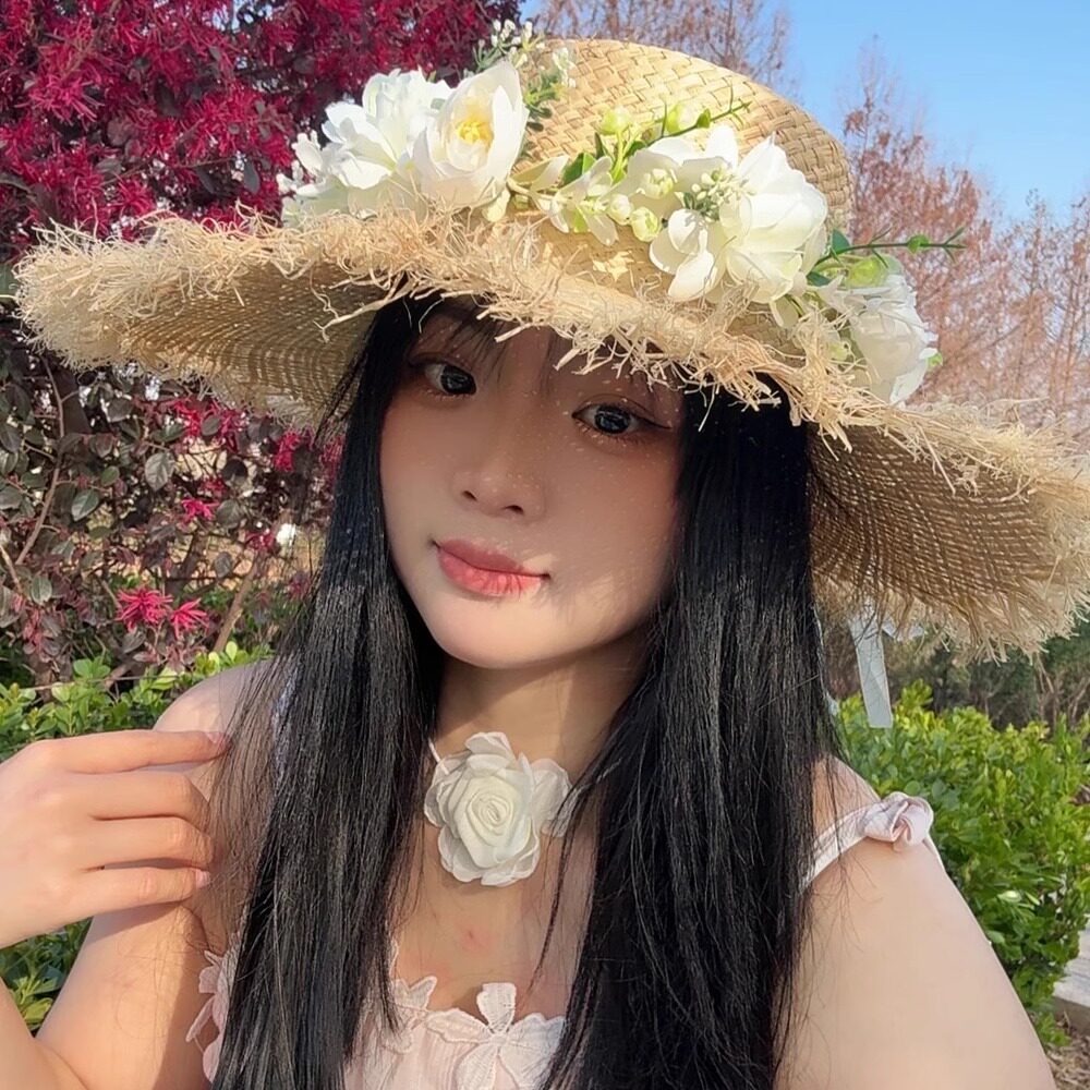 山茶花蝴蝶结飘带拉菲草帽女