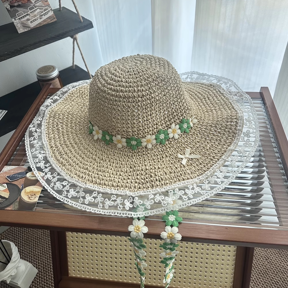 小雏菊飘带草帽女夏防晒沙滩太阳帽蕾丝边遮阳帽大帽檐海边帽子潮