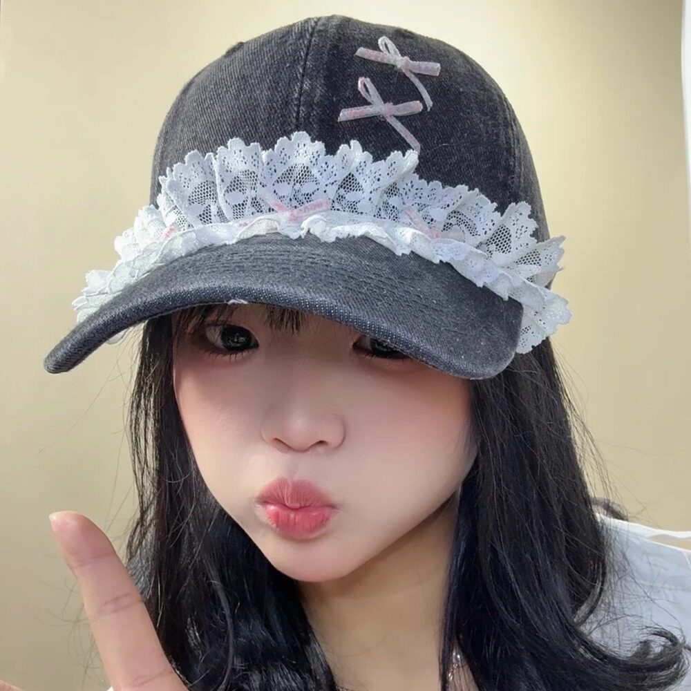 蕾丝裙边牛仔棒球帽女甜美显脸小