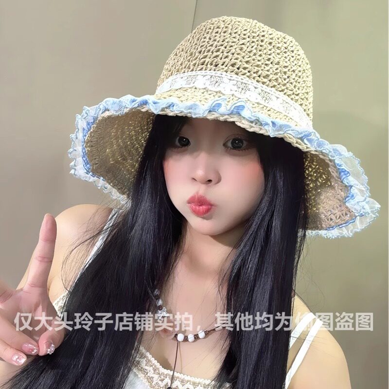 蓝色蕾丝花边大帽檐草帽女